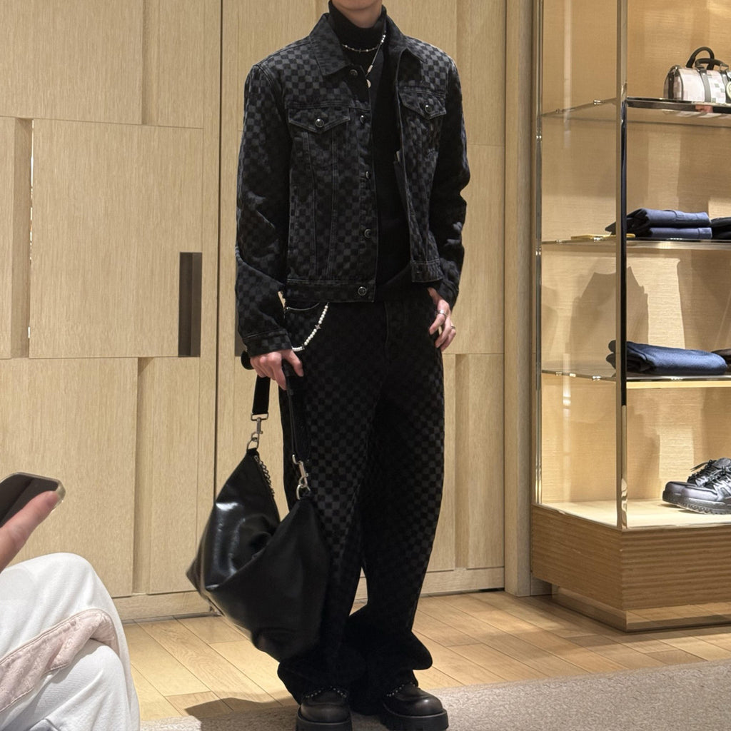 Louis Vuitton Men's Spring Autumn Black Checkered Damier Flocked Suit Lapel Single Breasted Long Sleeve Jacket Straight Wide Leg Trousers Suit Set #81138