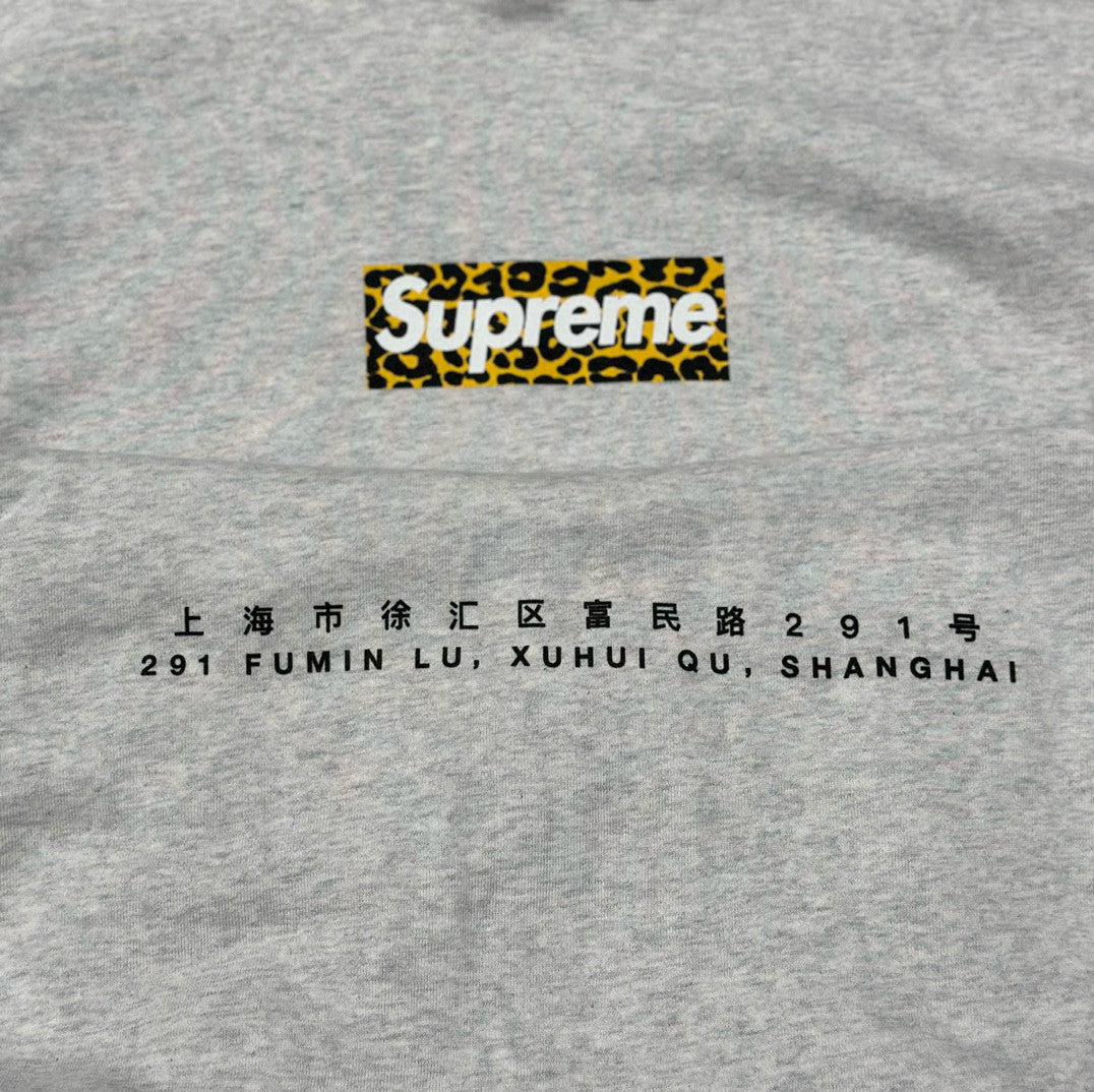 Supreme Men's and Women's Autumn/Winter Shanghai Opening Limited Collection Leopard Print Box Logo Grey Hooded Sweatshirt #99441