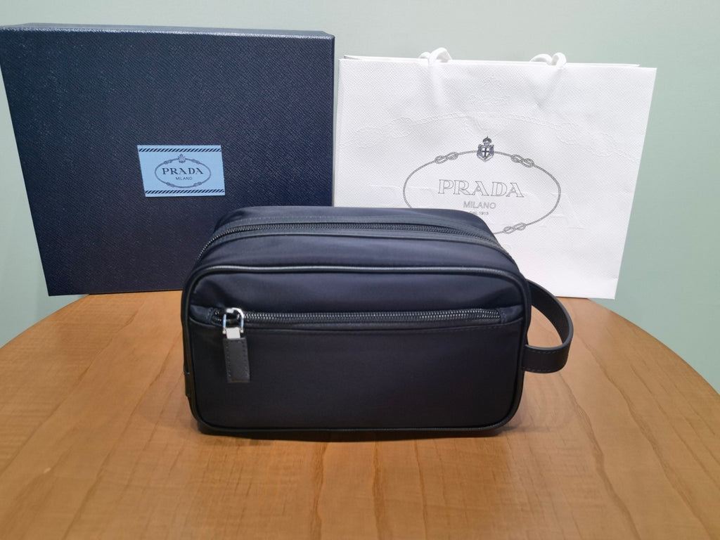 PRADA New Regenerated Nylon Enameled Triangle Logo Saffiano Leather Travel Storage Bag Toiletry Bag #332316