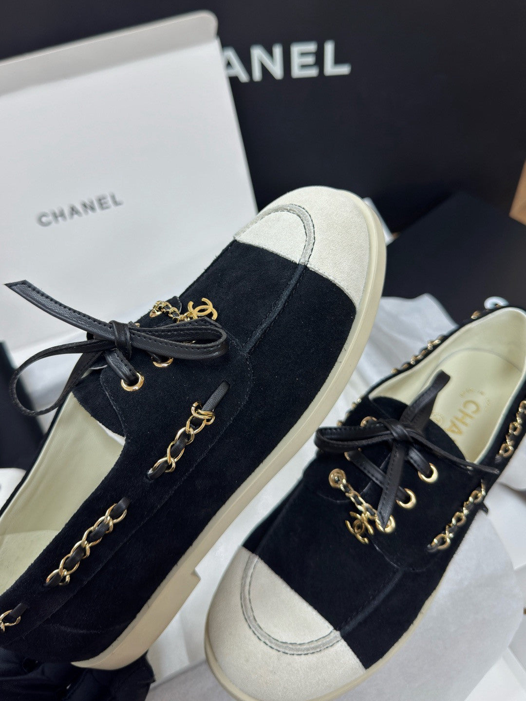 Chanel Moccasins Suede Calfskin Black Light Gray #336618