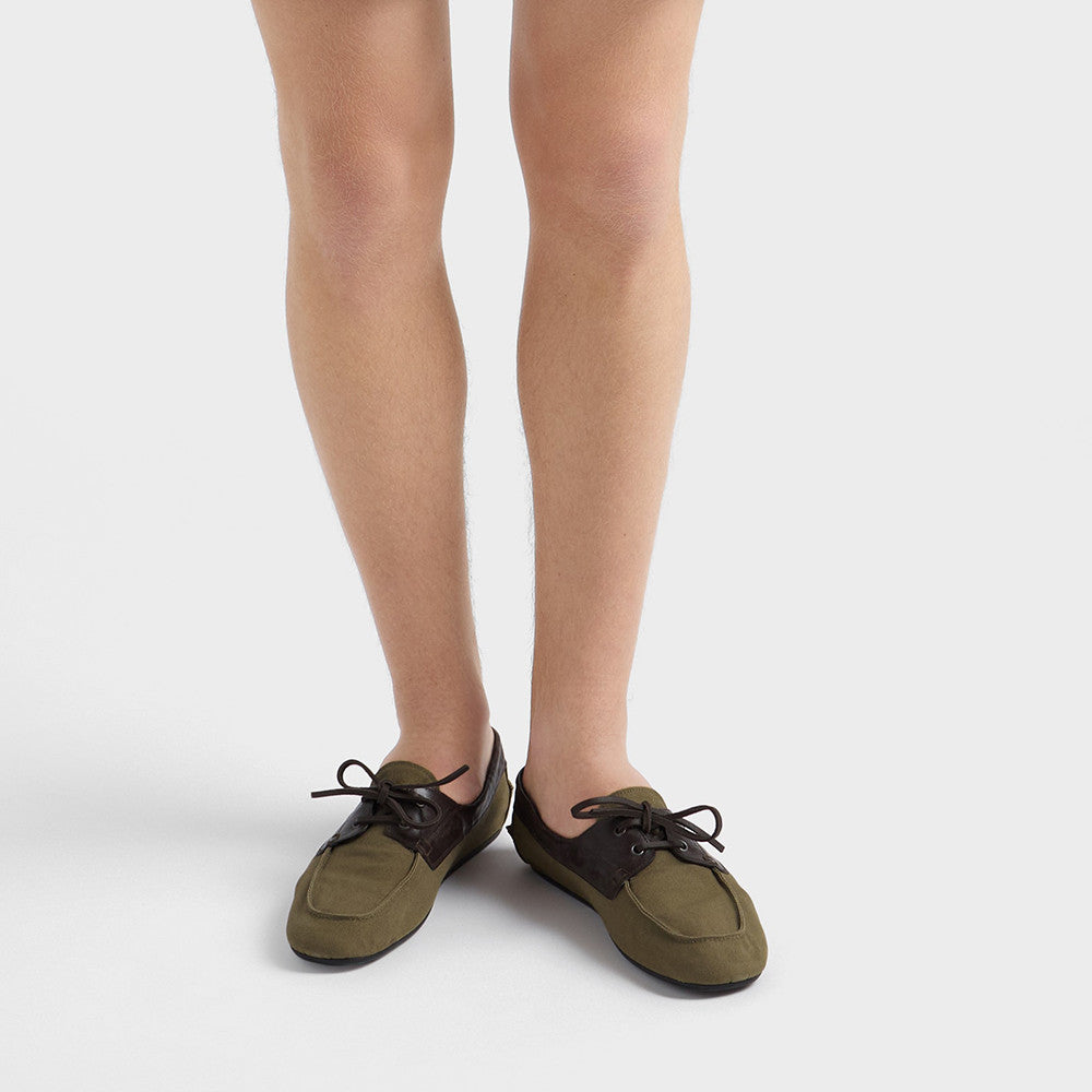 PRADA Shuffle Aged Canvas And Leather Boat Shoes #381722