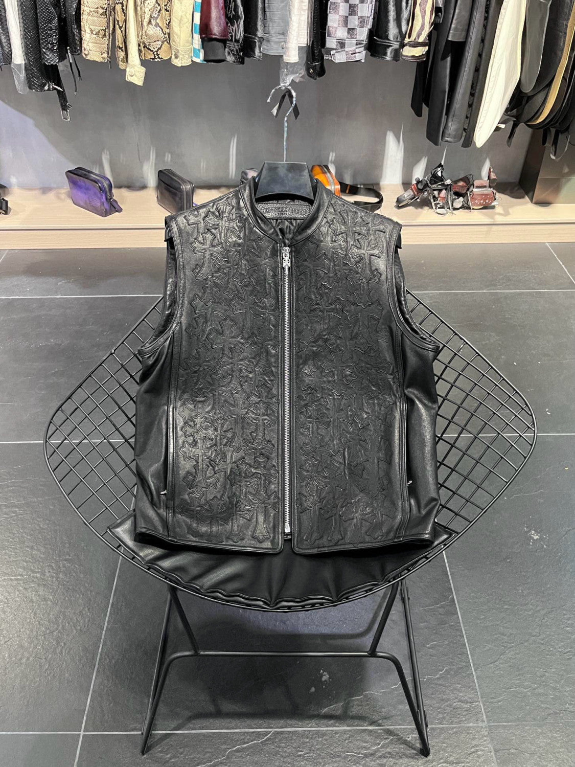 Chrome Hearts Men's Spring/Summer Dark Logo Leather Zipper Sleeveless Waistcoat Vest Jacket #98936
