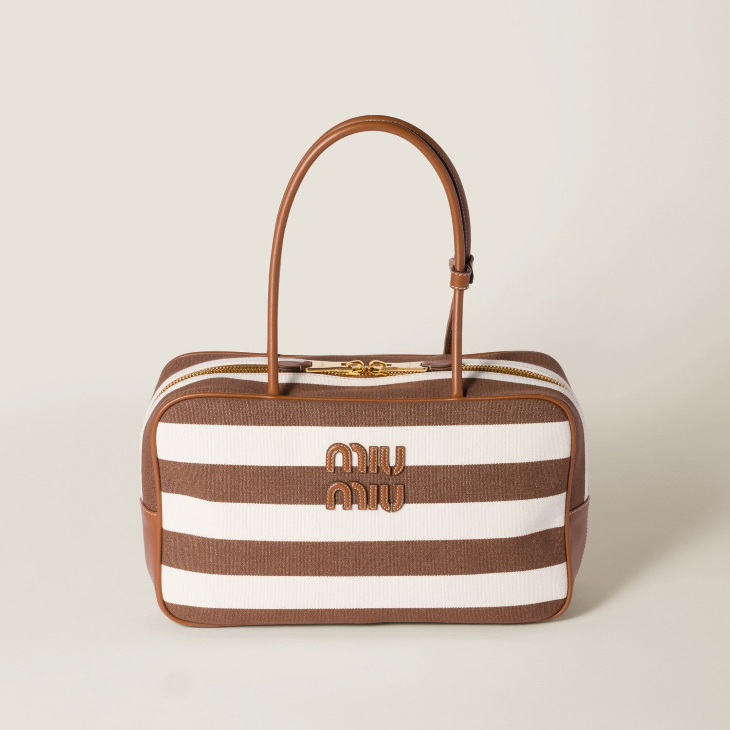 MiuMiu Beau Women's Embroidered Logo Print Striped Canvas And Calfskin Handbag Shoulder Bag Bags #77933