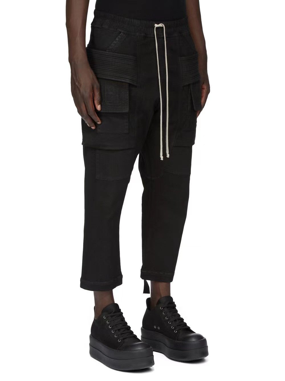 Rick Owens Men's Spring and Autumn Black Large Pocket Cotton Lace-Up Casual Work Pants #73375