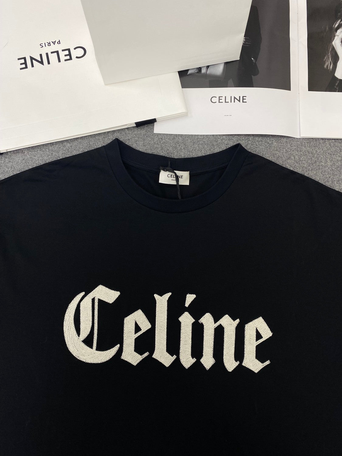 Celine Men's And Women's Plain Color Letter Print Round Neck Cotton Short Sleeve T-shirt #77899