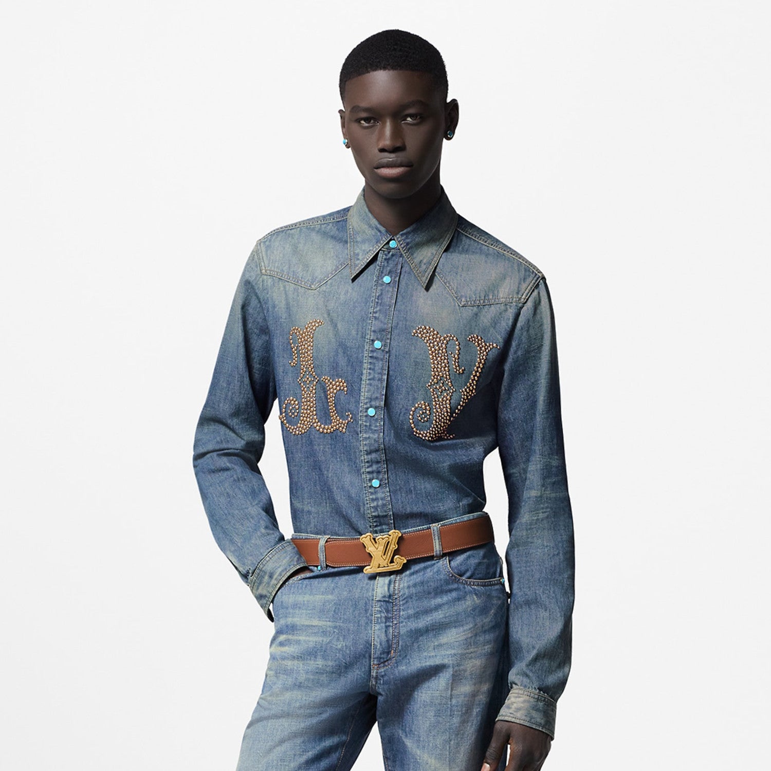 Louis Vuitton Men's Spring And Fall Cotton Logo Rivets Embellished Single-Breasted Slim Long-Sleeved Blue Denim Shirt #71621