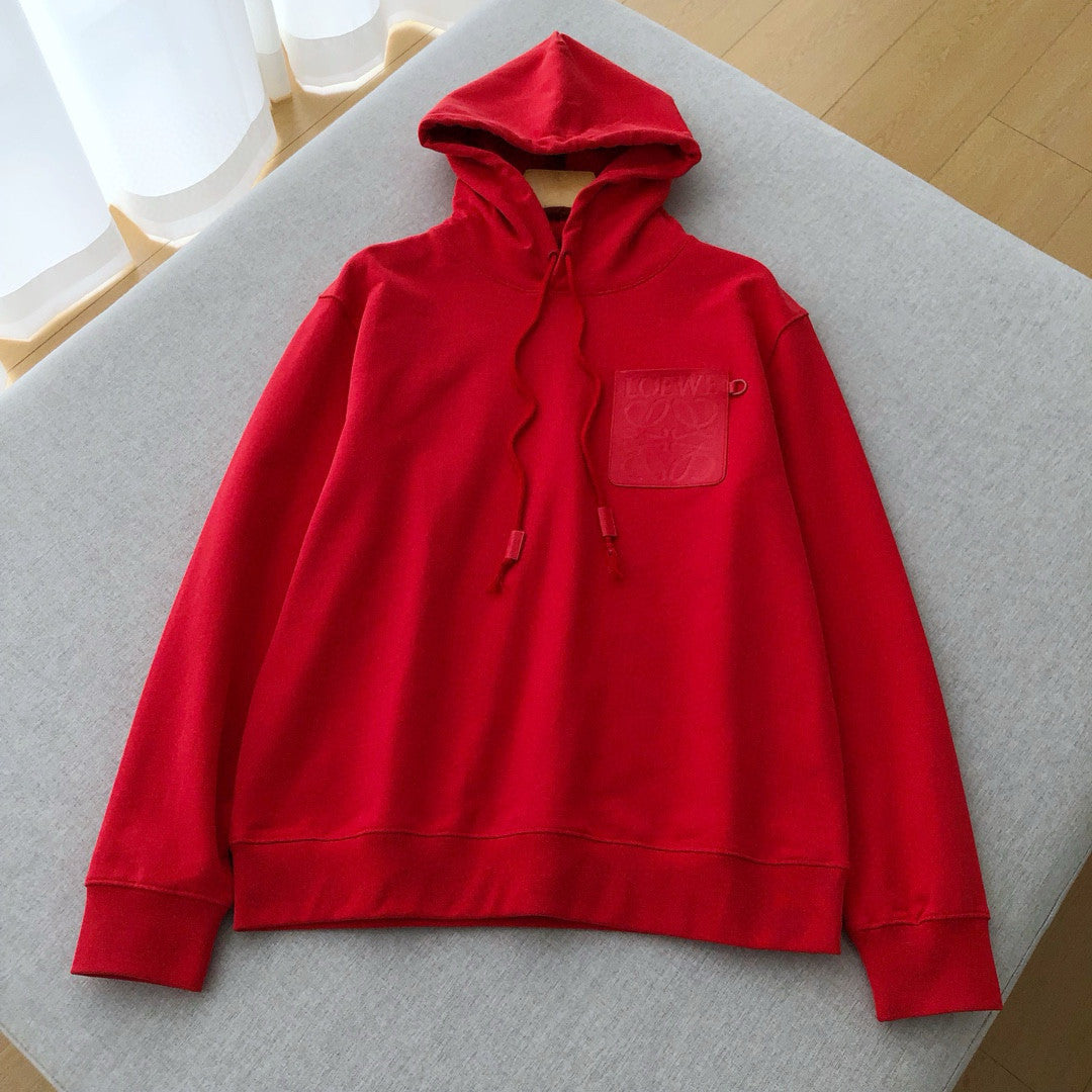 Loewe Men's Spring and Fall Red Logo Leather Label Drawstring Hooded Sweatshirt Pullover #98218