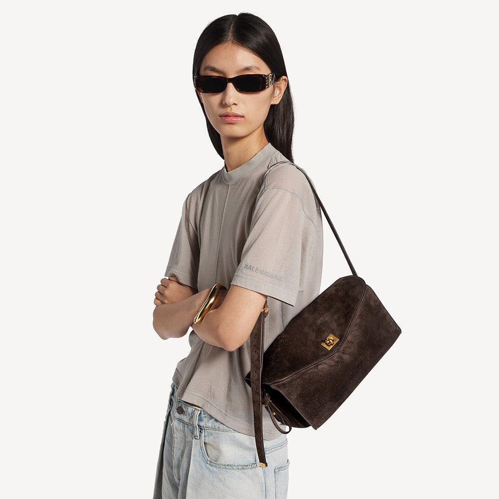 Balenciaga Le 7 Medium-sized 26 Summer New Arrival Suede-panel Yellow Crossbody Bag Fashionable High-street Trend Flap Bags #84159A