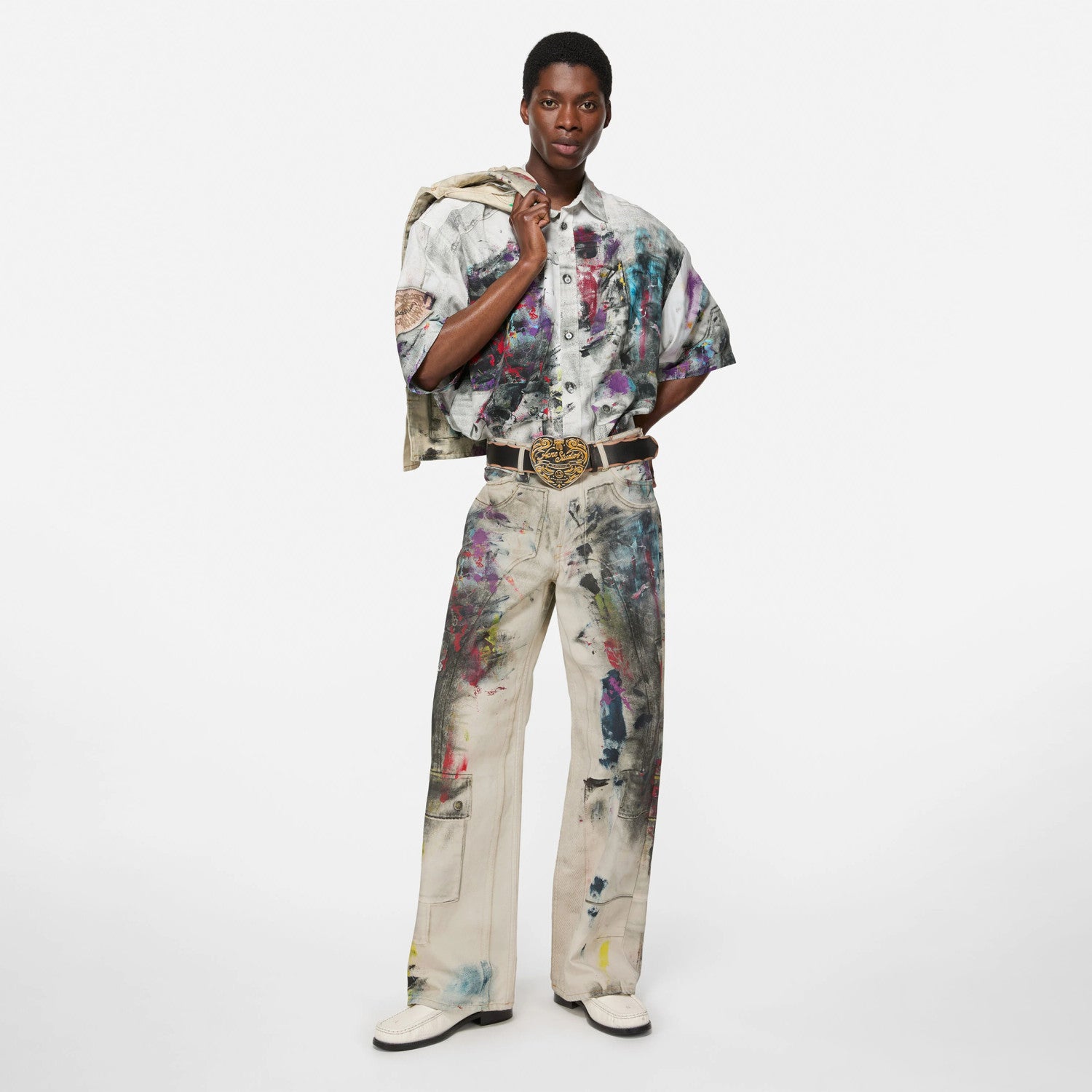 Acne Studios Men's Women's Mismatch Effect Printed Jacket Loose Straight Trousers Pants Fashion Trend High Street 3D Suit Set Ngvp #1732