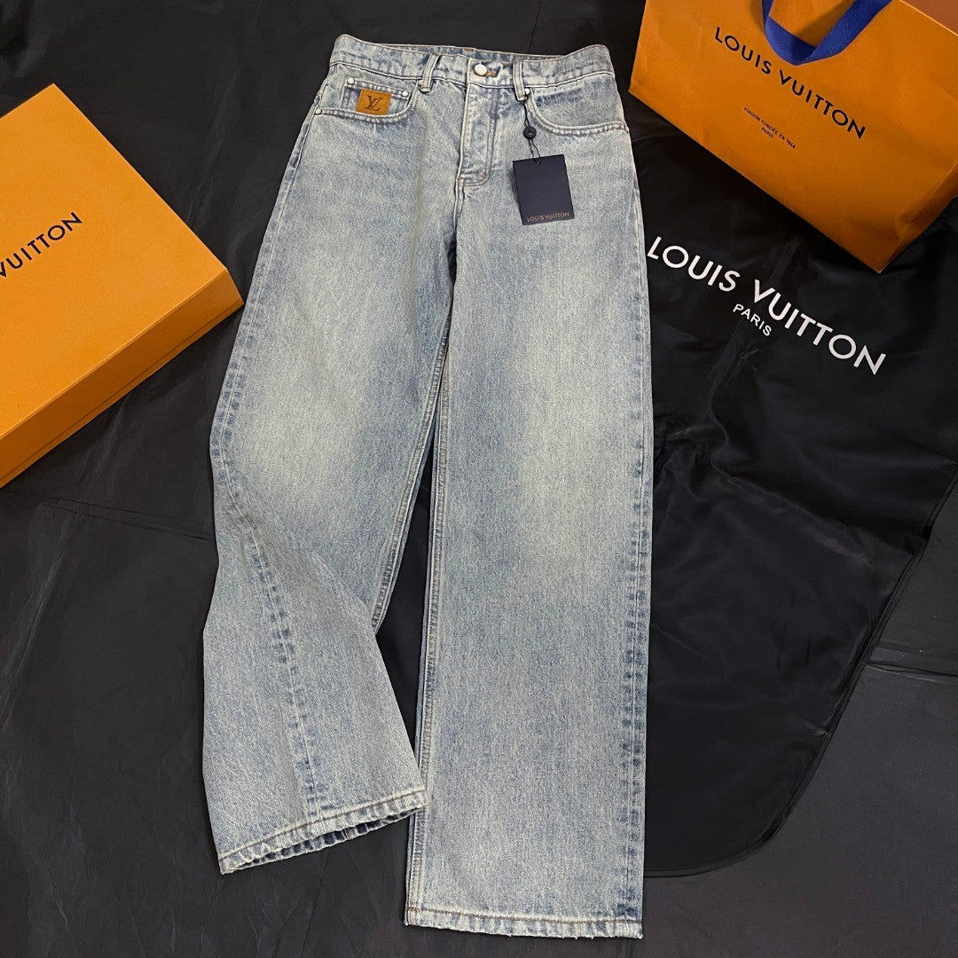 Louis Vuitton Men's Spring/Autumn Solid Color Embroidered Logo Pocket Jeans Pants #77221