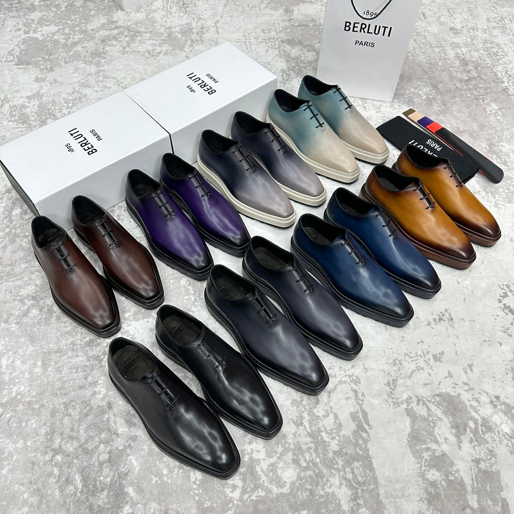 Berluti Alessandro Altof Men's Fall/Winter Fashion Classic Round Toe Slip On Lace Up Handcrafted Vintage Leather Oxford Shoes #79112