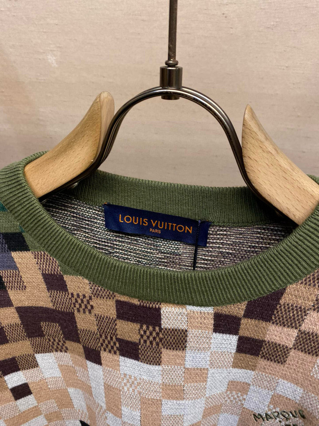 Louis Vuitton Co-ed Autumn/Winter Camouflage Green Checkerboard Wool Knit Sweater #97499