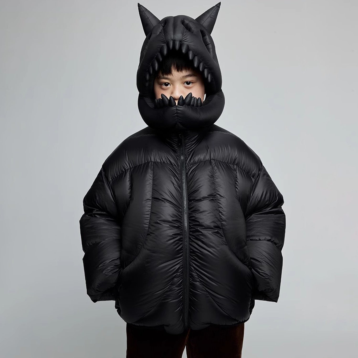 Kid's Autumn And Winter Solid Color Long Sleeve Stereoscopic Dinosaur Shaped Hat Puffer Down Jacket #31325