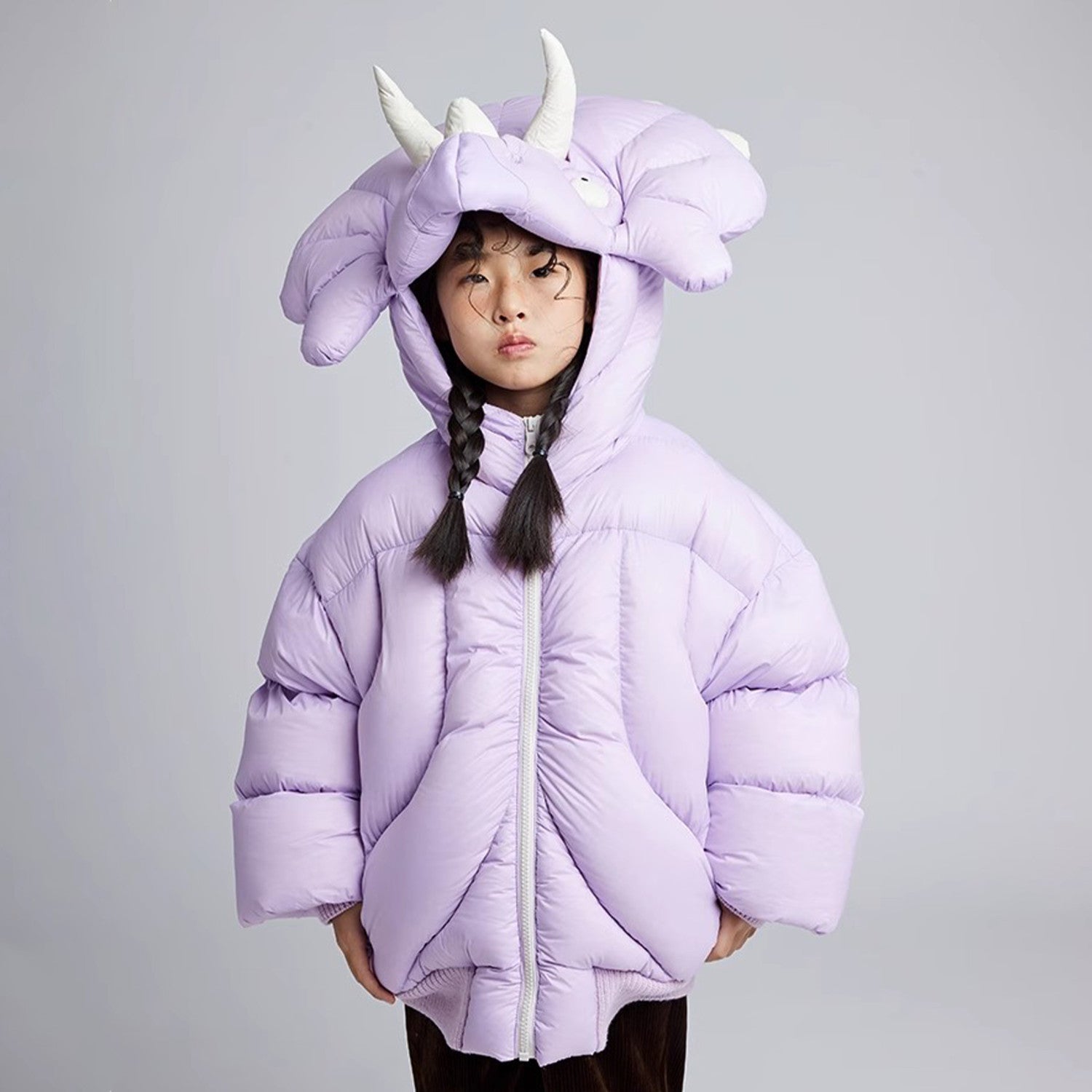 Kid's Autumn And Winter Solid Color Triceratops Jacket Thickened Short Zipper Loose Hooded Puffer Down Jacket #31322