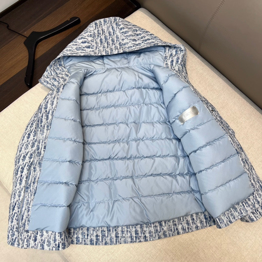 Dior Logo Jacquard Denim Hooded Puffer Down Jacket #96741