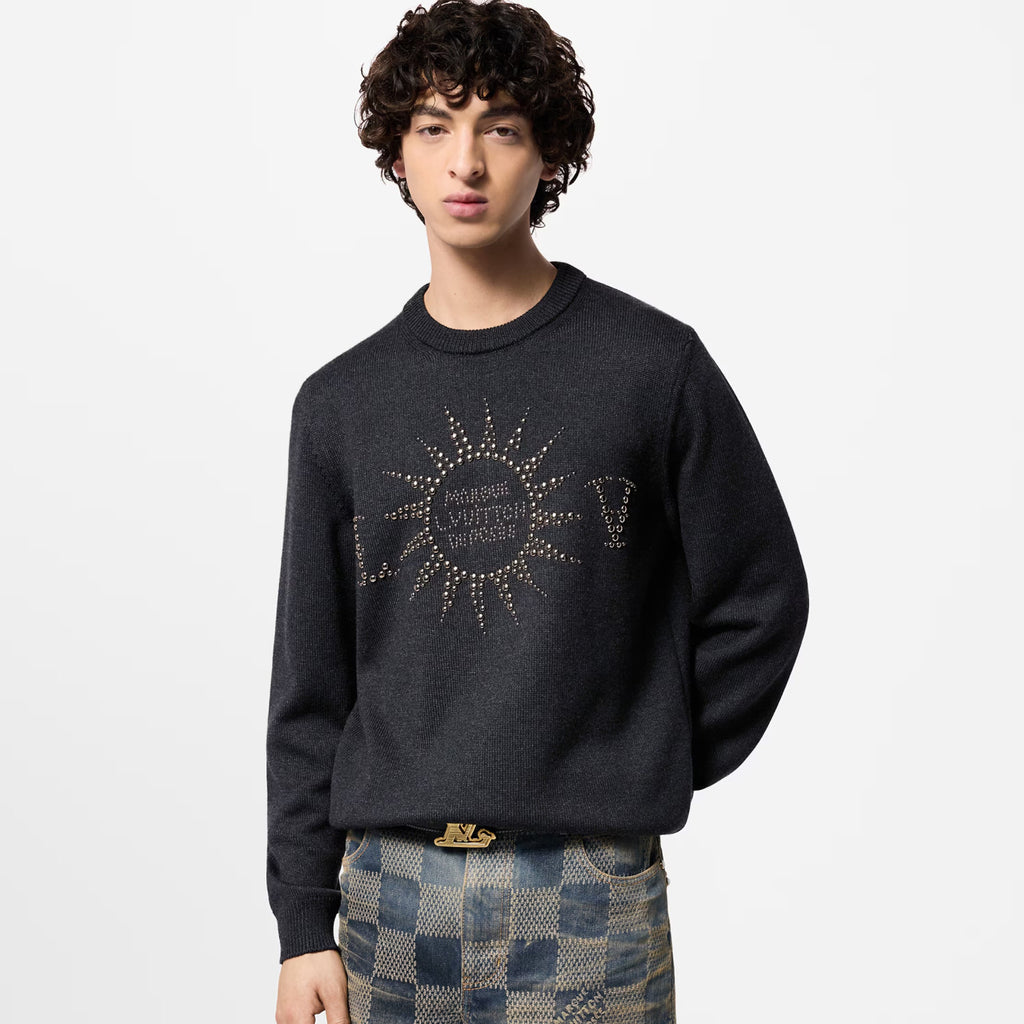 Louis Vuitton Men's Spring and Autumn Black Beaded Logo Geometric Print Round Neck Long Sleeve Sweater Pullover #72971