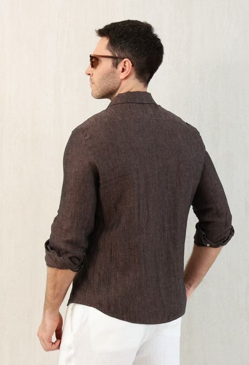Brunello Cucinelli Men's Linen Easy Fit Shirt with Camp Collar and Chest Pocket Spring And Autumn Solid Color Long Sleeve Top Ngvp #1455