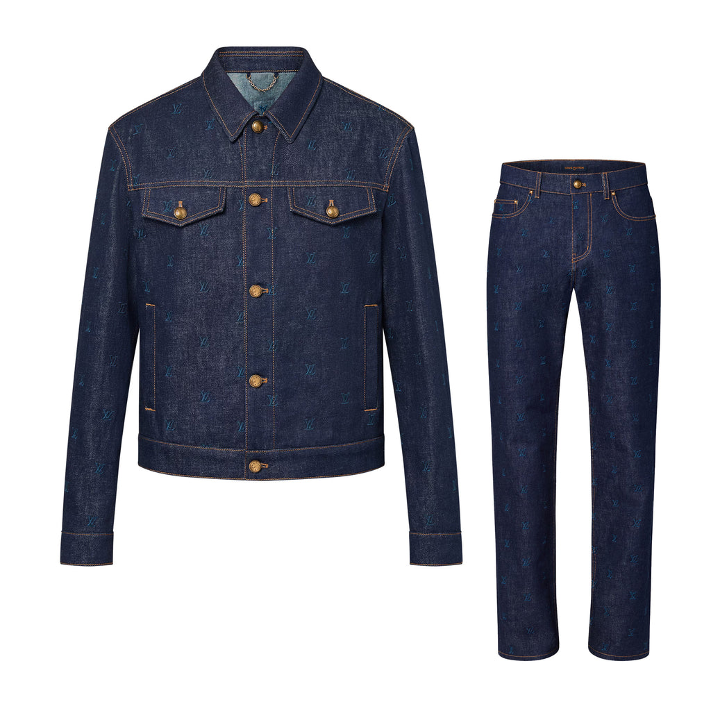 Louis Vuitton Men's Spring And Autumn Logo Embroidery Color Line Single Breasted Denim Long Sleeved Jacket Jeans Pants Set Suit #74128