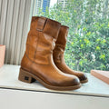 MiuMiu Women's Fall/Winter Fashion Classic Solid Color Leather Round Toe Slip On Chunky Heel High Top Biker Style Boots Shoes #79484