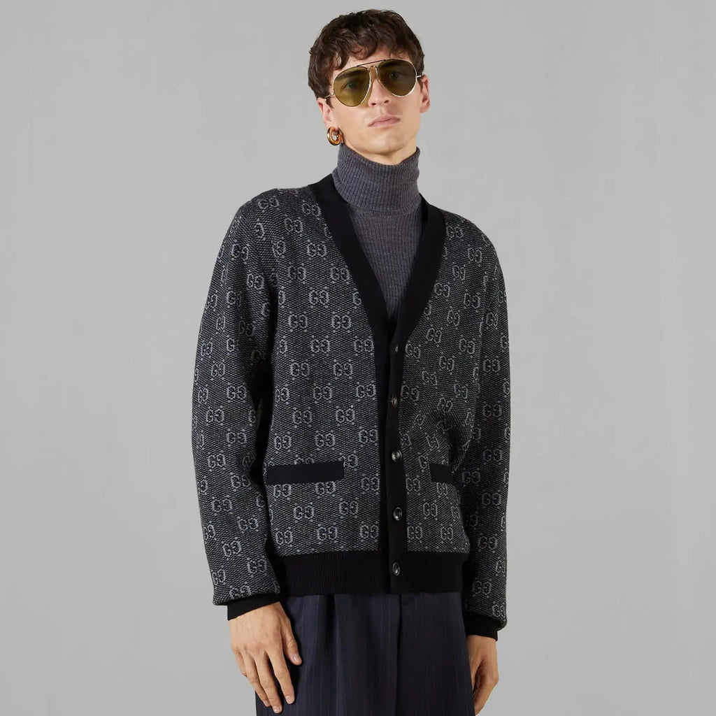 Gucci Men's Spring And Fall Letter Print Single Breasted V-neck Wool Long Sleeved Knit Sweater Jacket #73613