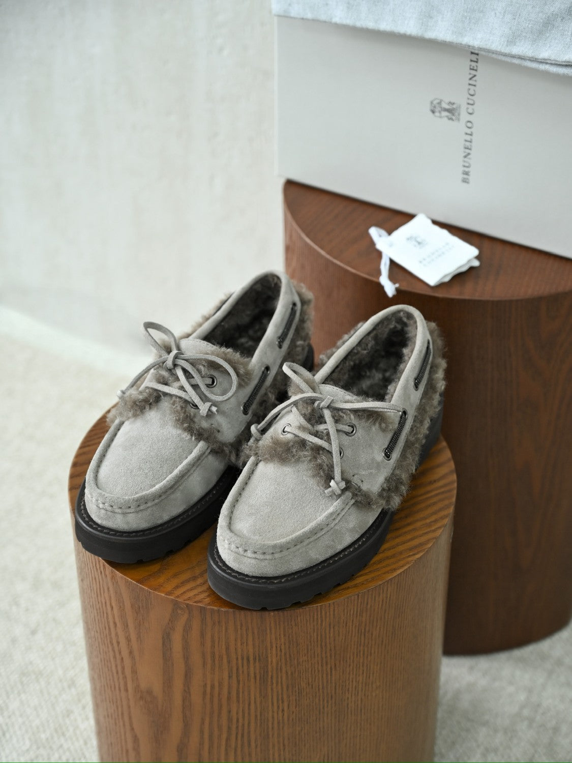 Brunello Cucinelli Bead Embellished Shearling Trimmed Suede Loafers #333658