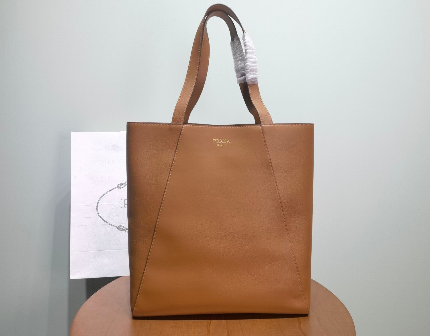 Prada Men's Letter Logo Printed Solid Color Leather Shopping Bag Shoulder Tote Bags #75222