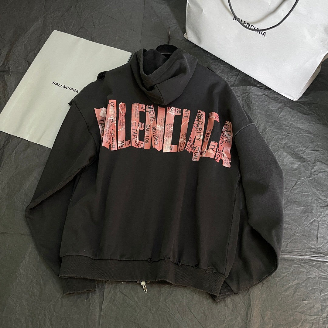 Balenciaga Men's Spring and Autumn Solid Color Alphabet Tape Print Hooded Zipper Long Sleeve Jacket #76579