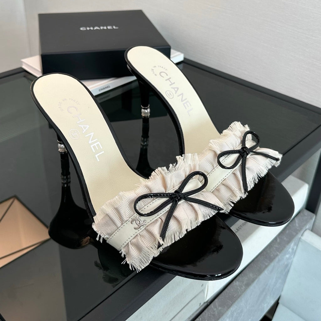Chanel Vintage Women's Summer Fashion Classic Round Toe Slip On Heeled Sandals With Exposed Heel And Thin Heel Shoes #78949