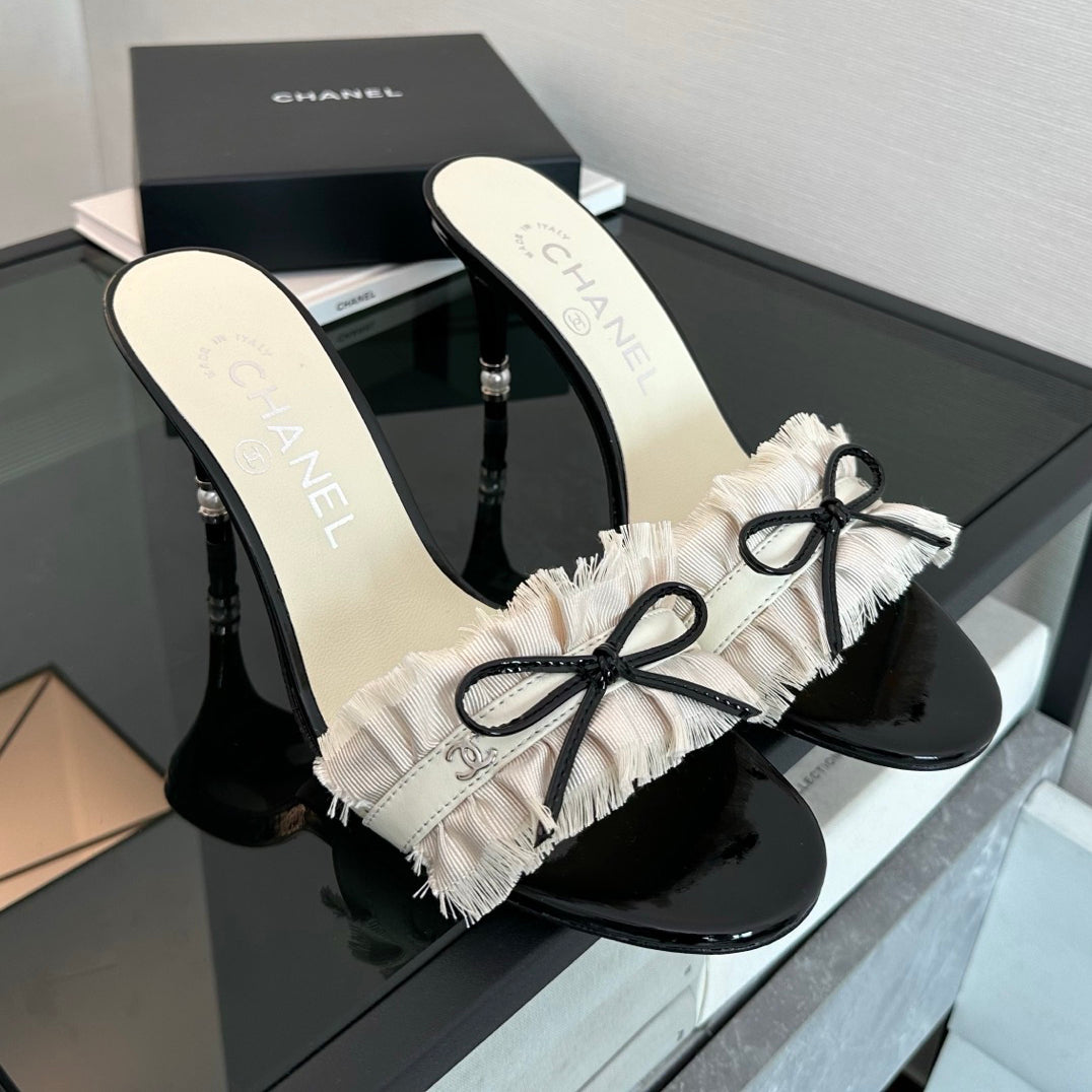 Chanel Vintage Women's Summer Fashion Classic Round Toe Slip On Heeled Sandals With Exposed Heel And Thin Heel Shoes #78949