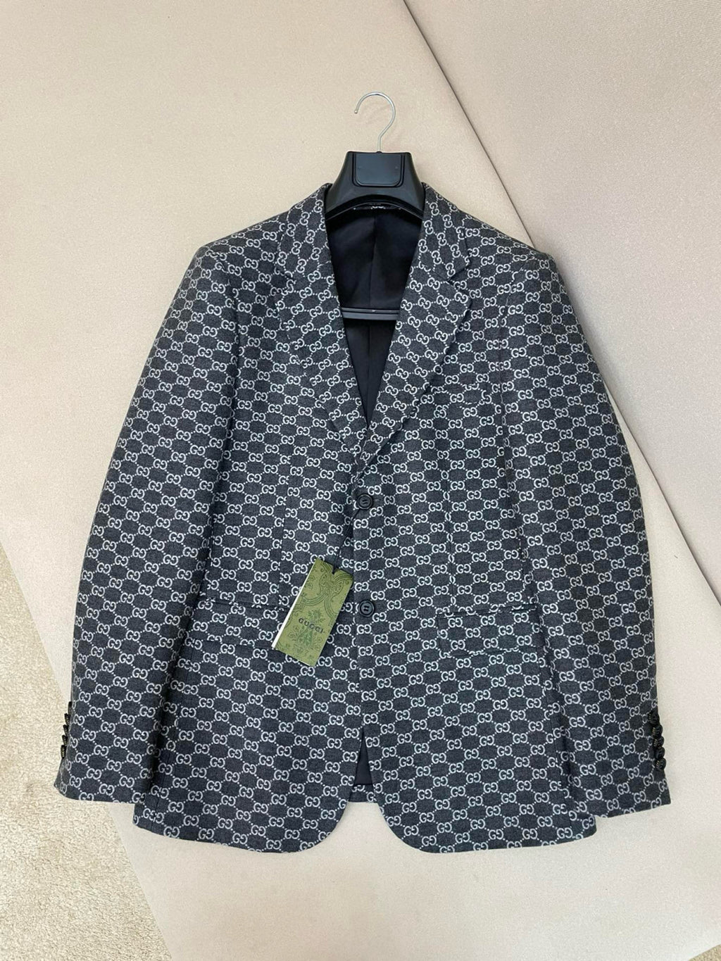 Gucci GG Flannel Men's Dark Gray Spring and Autumn Logo Full Printed Pattern Lapel Single Breasted Long Sleeve Jacket #98143