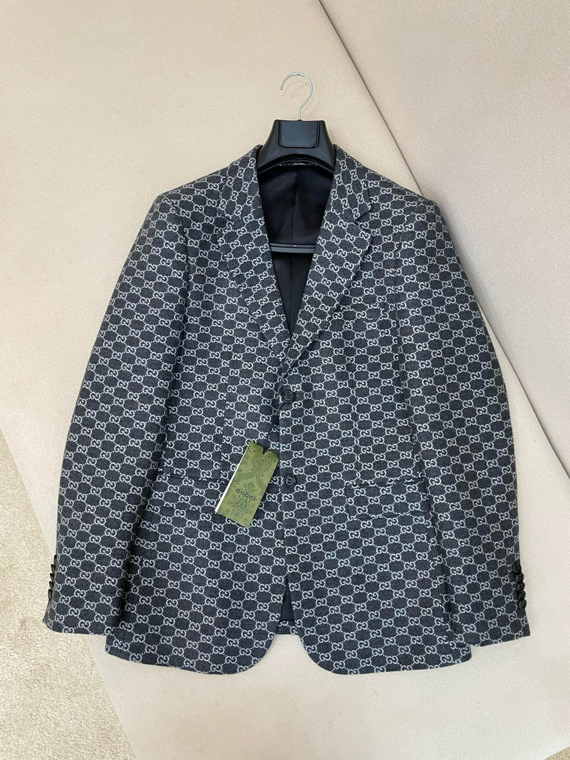 Gucci GG Flannel Men's Dark Gray Spring and Autumn Logo Full Printed Pattern Lapel Single Breasted Long Sleeve Jacket #98143
