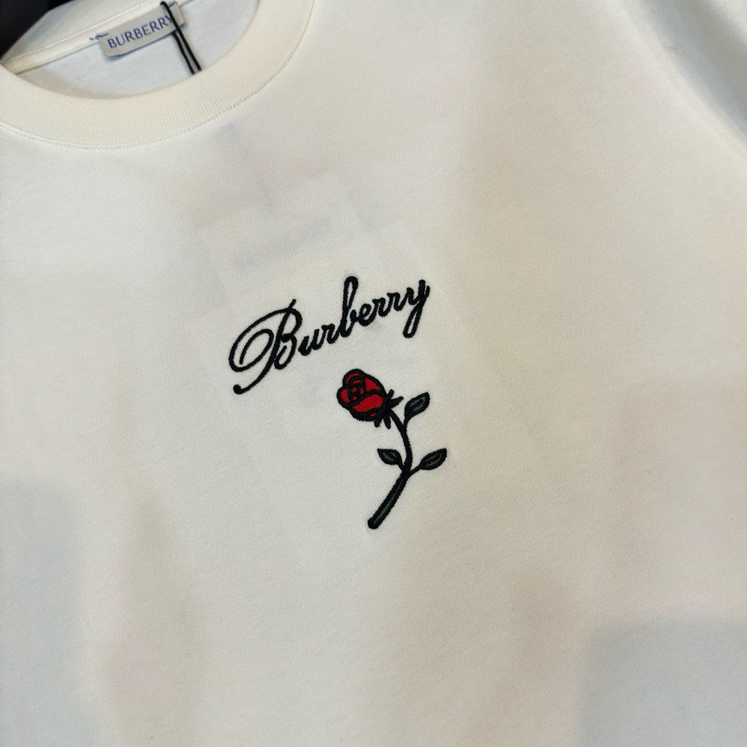 Burberry Men's Women's Summer Letter Floral Embroidery Cotton Round Neck Solid Color Short Sleeve T-Shirt #76328