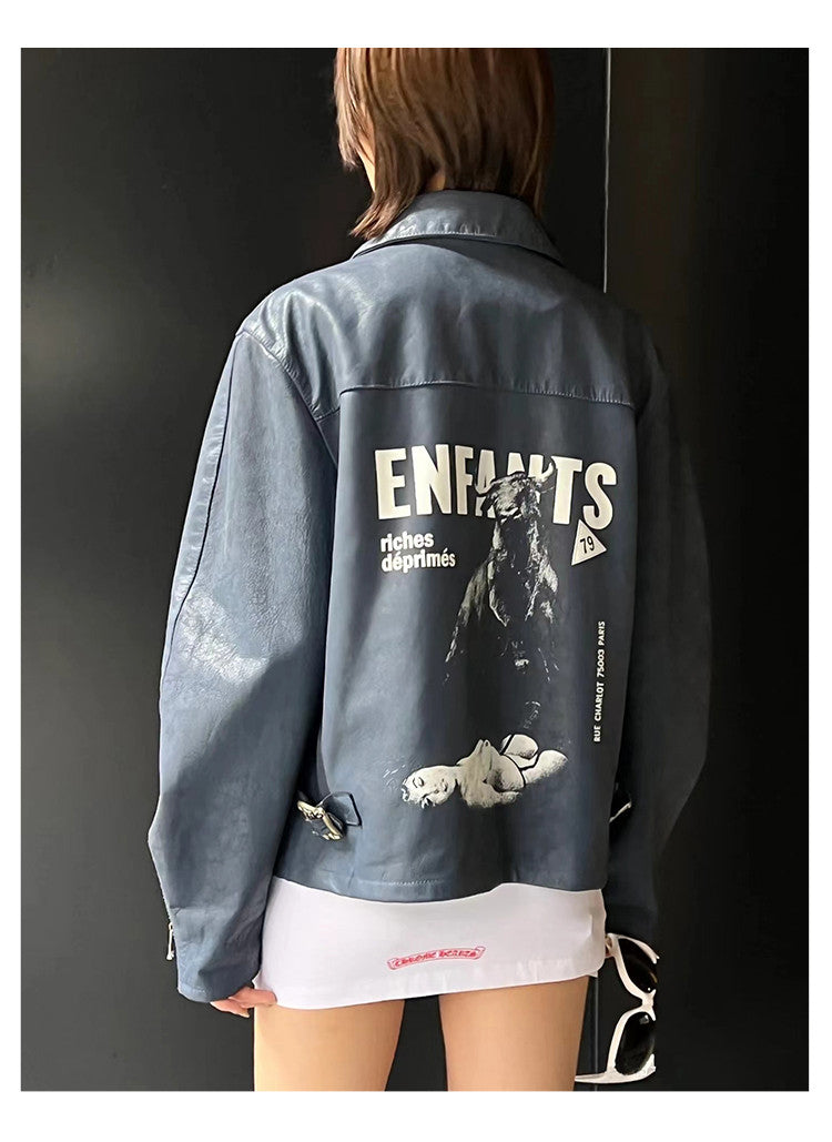 Enfants Riches Deprimes Men's Spring. Autumn And Winter Washed And Aged Crackle Pattern Printed Zipper Solid Color Long Sleeve Cowhide Jacket Ngvp #9337
