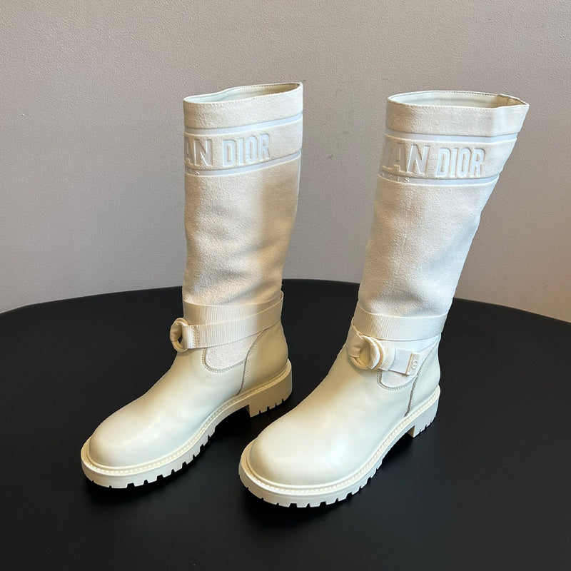 Dior Women's Spring/Fall/Winter Leather And Suede Blend Vintage Chunky-Heeled High-Top Boots Casual Long Riding Boots Shoes #81721