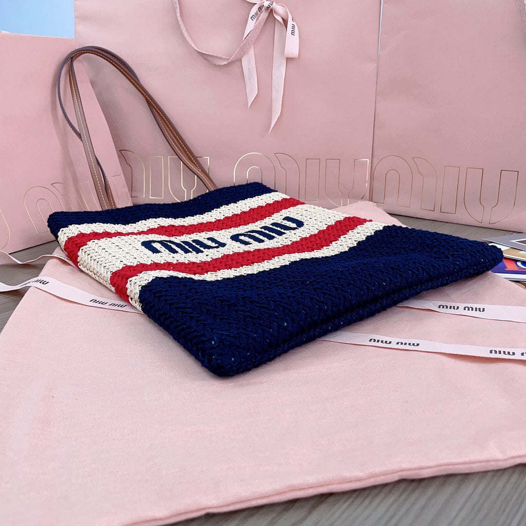 MiuMiu Women's Logo Embroidery Raffia Patchwork Cotton Thread Woven Shopping Bag Shoulder Tote Bags #76743
