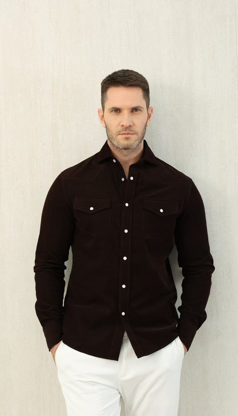 Brunello Cucinelli Men's Spring And Fall Cotton Lapel Solid Color Single-Breasted Chest Pocket Long Sleeve Fitted Shirt Ngvp #1557