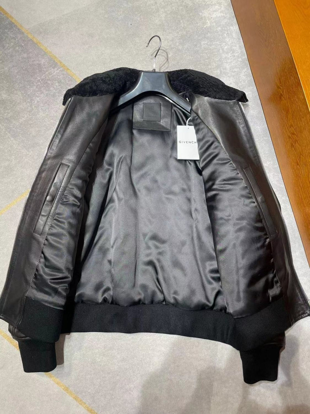 Givenchy Men's Winter Black Lamb Fur Collar Lapel Lambskin Leather Zipper Jacket #98473