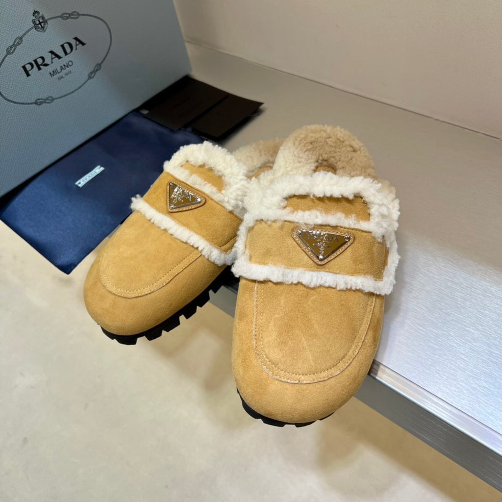 Prada Women's Fall/Winter Fashion Casual Round Toe Open Back Classic Logo Triangle Label Shearling Slippers Shoes #79521