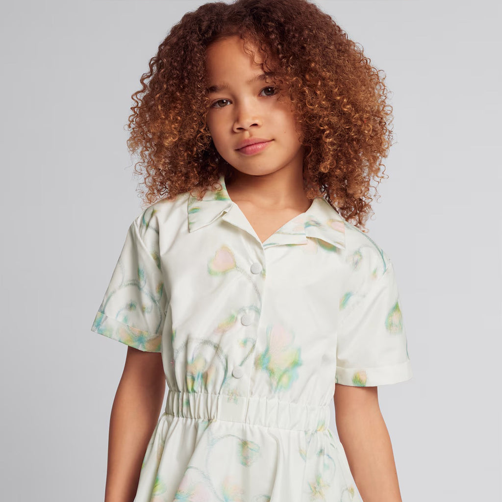 Dior Kid's Summer Floral Printed Lapel Mid-Length Fitted Short Sleeve Flared Dress #31291