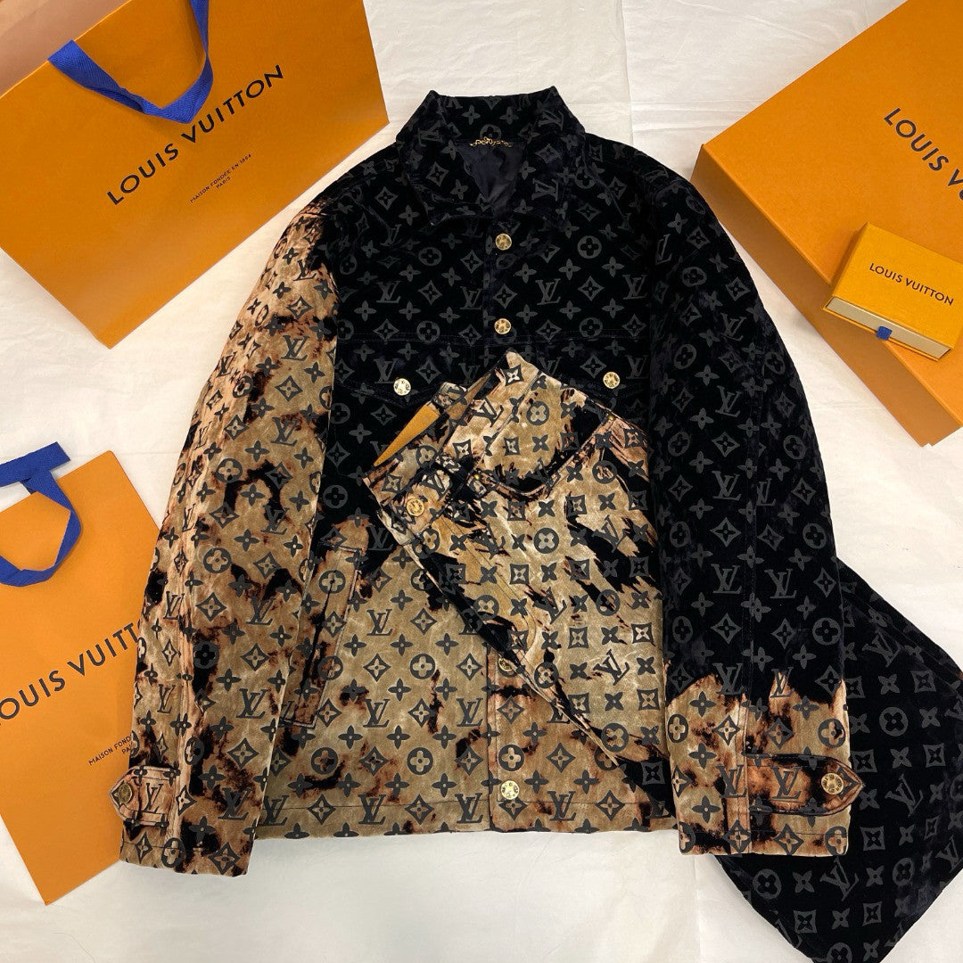 Louis Vuitton Men's Autumn and Winter Pattern Printed Lapel Single Breasted Denim Jacket Jeans Pants Set Suit #97775