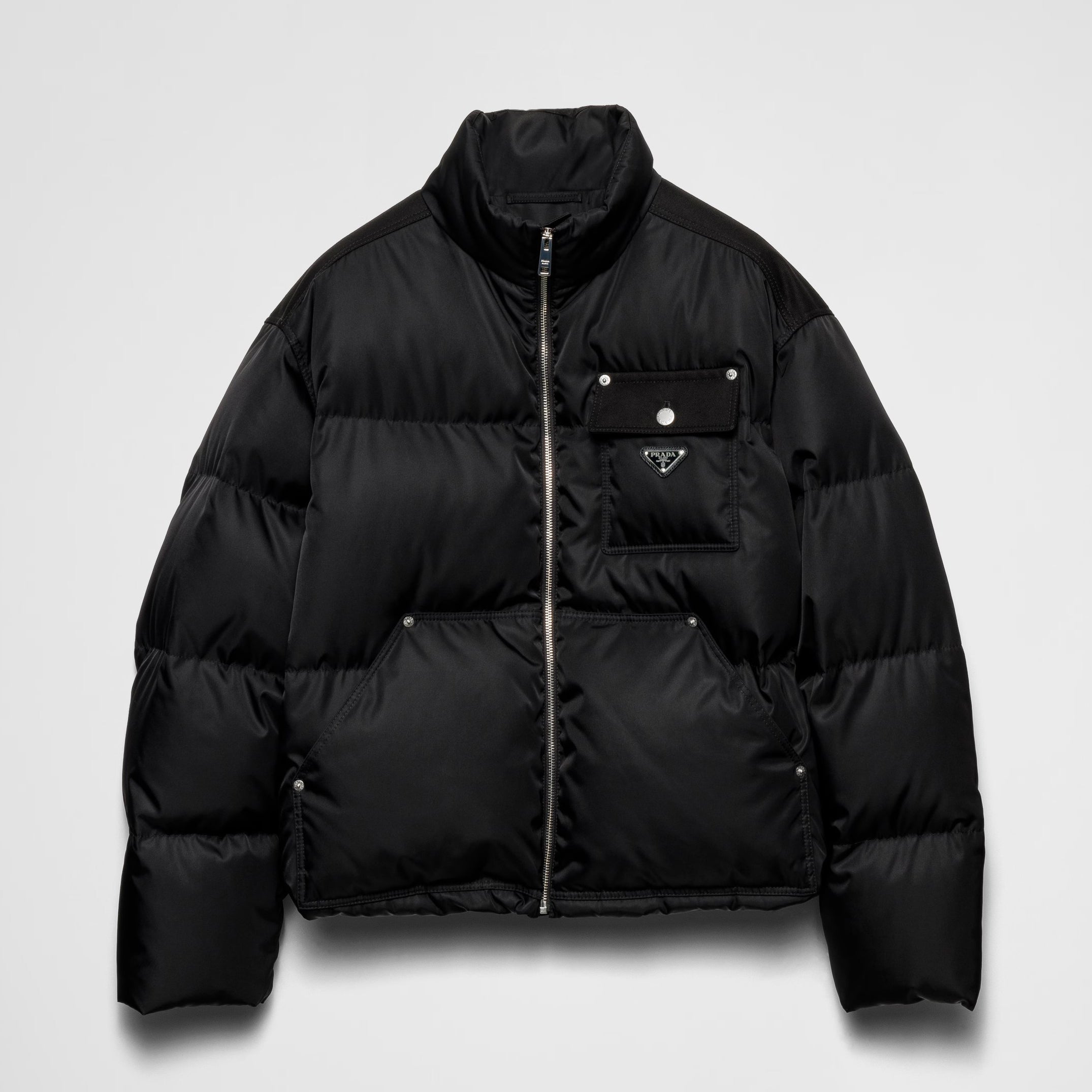 Prada Men's Autumn and Winter Solid Color Standing Collar Fit Zipper Long Sleeve Nylon Puffer Down Jacket #73889