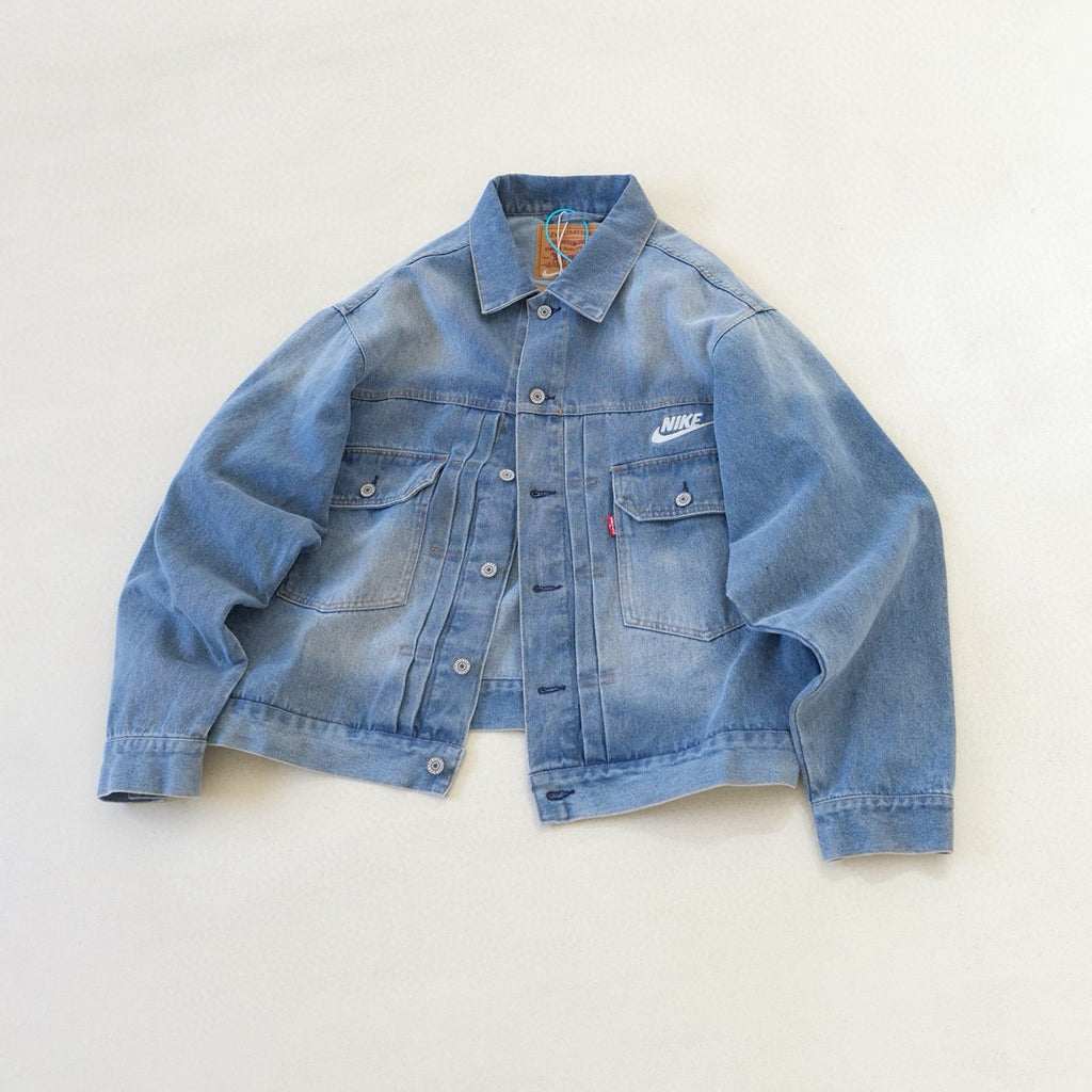 Nike x Levi's Men's Spring/fall Fashion Casual Loose Fit Single Breasted Collared Double Pocket Denim Jacket Letter Printed Loose Fit Casual Denim Pants Suit Set #78496
