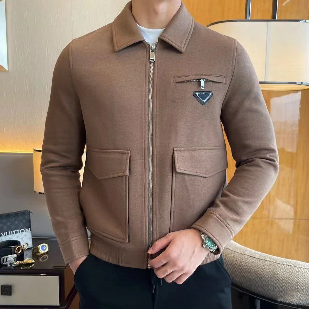 Prada Men's Autumn/Winter Inverted Triangle Logo Sheep Wool Lapel Zip Up Long Sleeve Jacket #97881