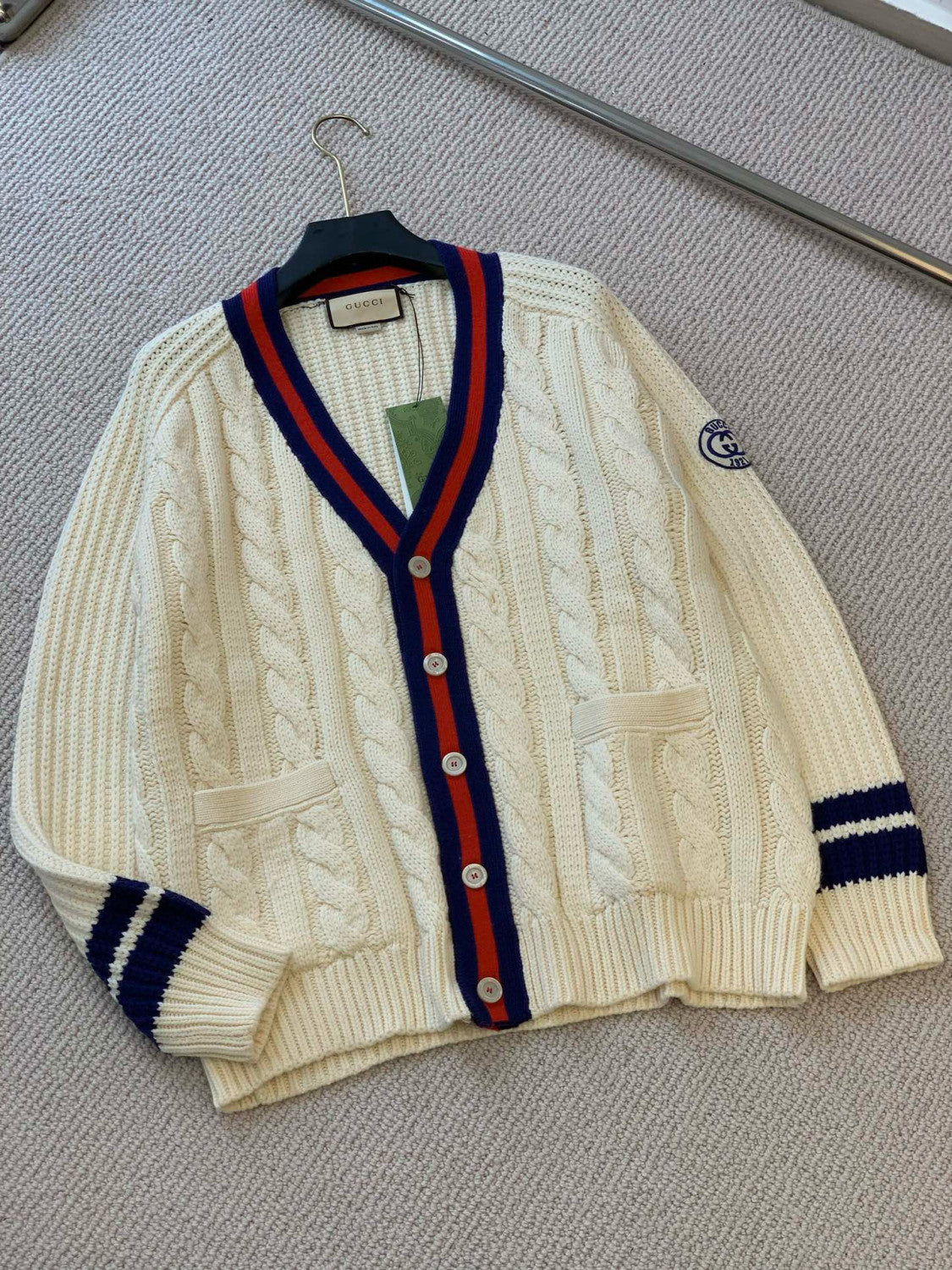 Gucci Men's Beige Colour Block Stripe V-Neck Single Breasted Long Sleeve Knitted Cardigan #97871