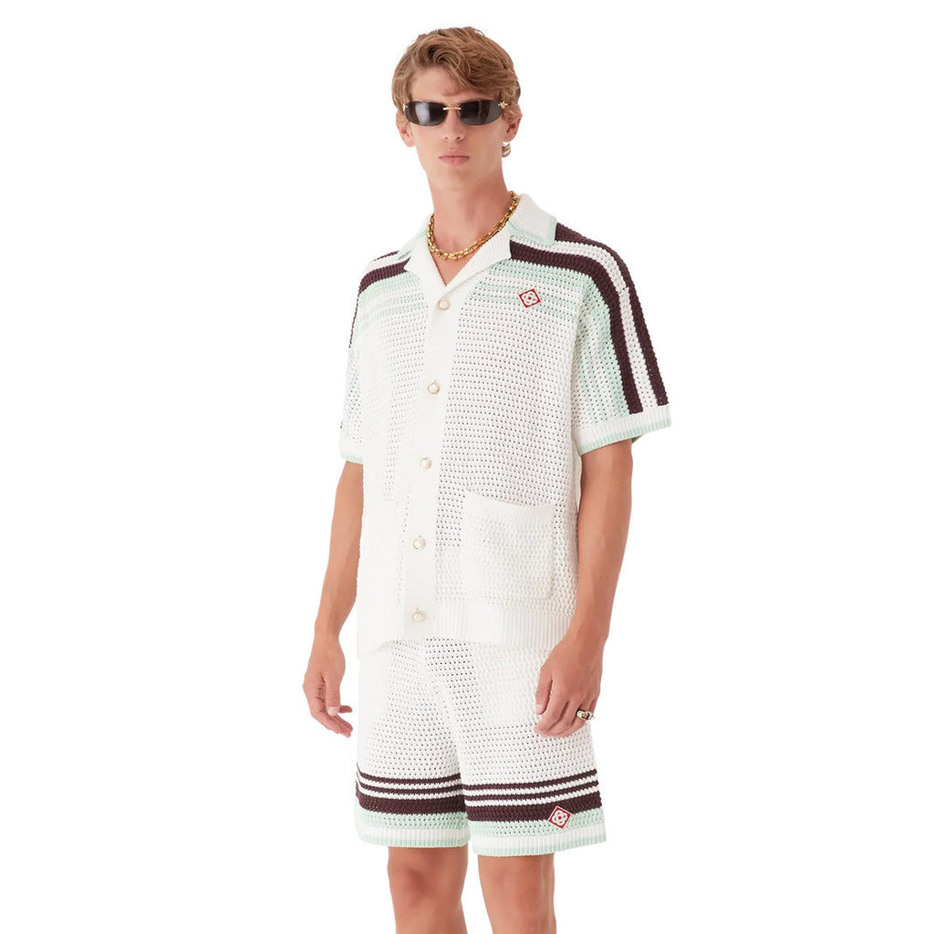 Casablanca Men's Summer Fashion Casual V-Neck Single Button Knit Striped Sweater Shirt with Elastic Drawstring Waist Knit Striped Shorts Suit Set #78593