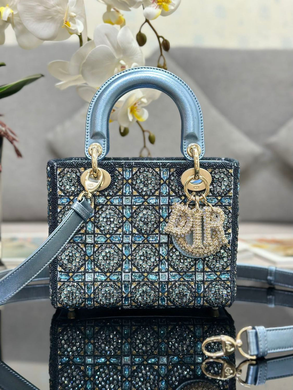Dior Classic Diamond-quilted Embroidered Blue Metallic D.I.O.R. Charm Cowhide Leather Handle Clutch Crossbody Bag Princess Diana-style Bag Bags #196495