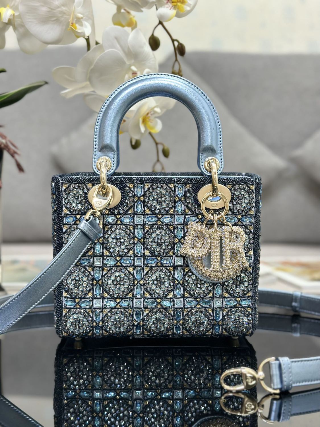 Dior Classic Diamond-quilted Embroidered Blue Metallic D.I.O.R. Charm Cowhide Leather Handle Clutch Crossbody Bag Princess Diana-style Bag Bags #196495