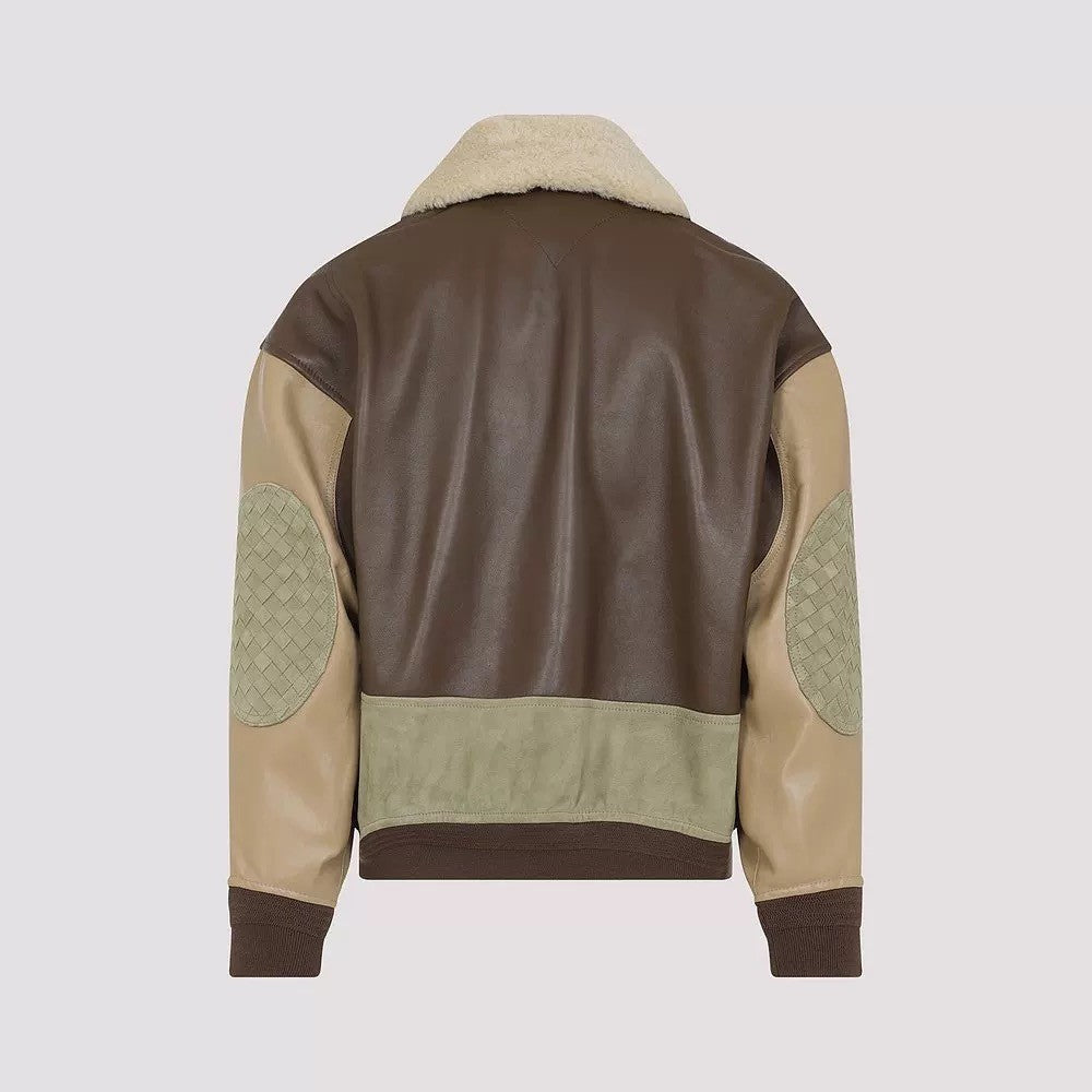 Bottega Veneta Men's Soft Leather Removable Lambswool Collar Spring And Autumn Color-Block Zipper Long-Sleeved Nappa Blouson Leather Jacket Ngvp #2126