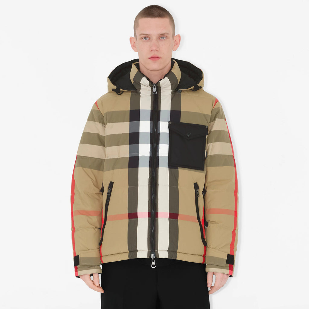 Burberry Men's Winter Fashion Casual Hooded Zip Up Checkered Reversible Double Sided Recycled Nylon Re:down Jacket #79371