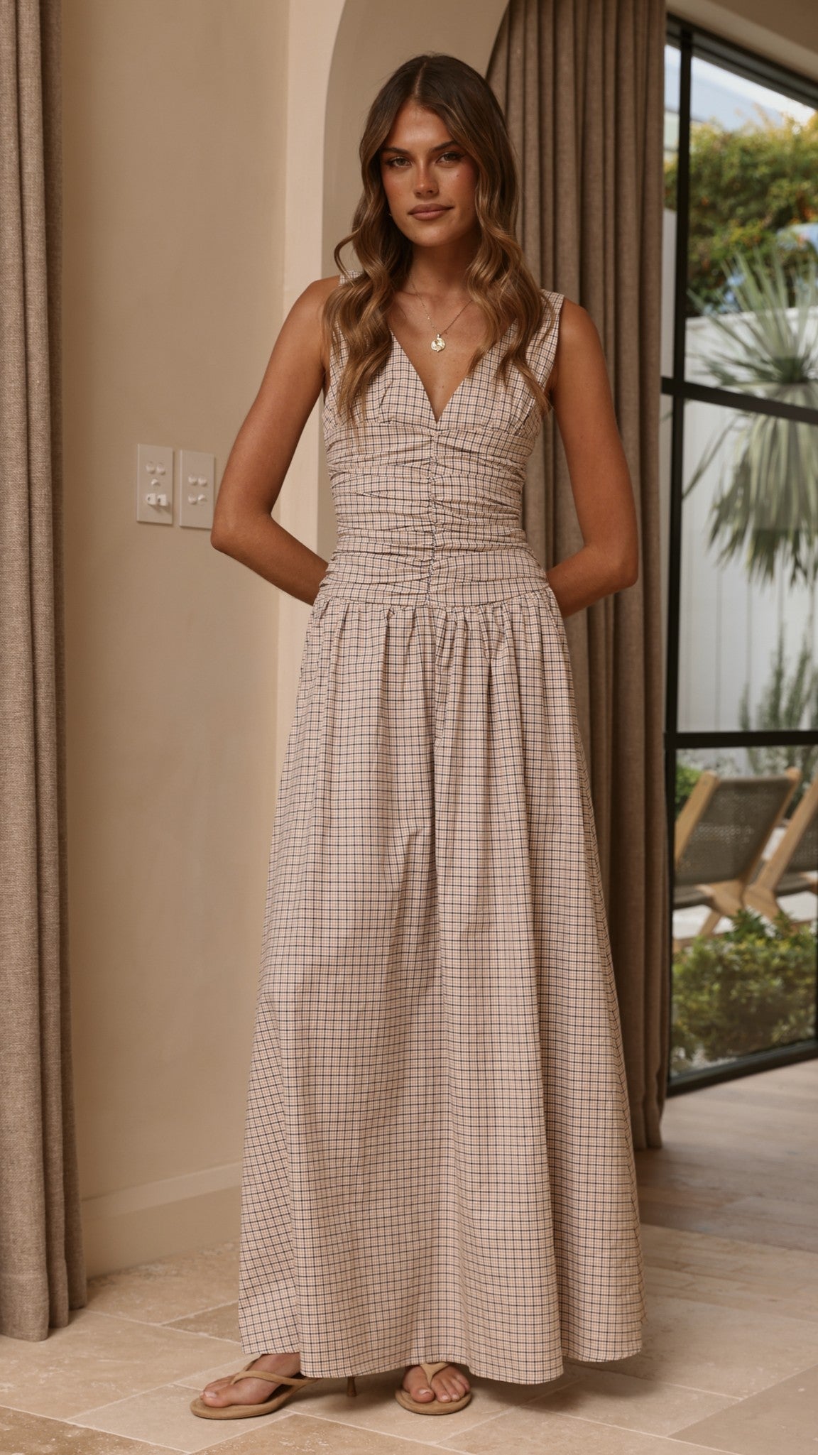 Sanya Maxi Dress - Beige Check